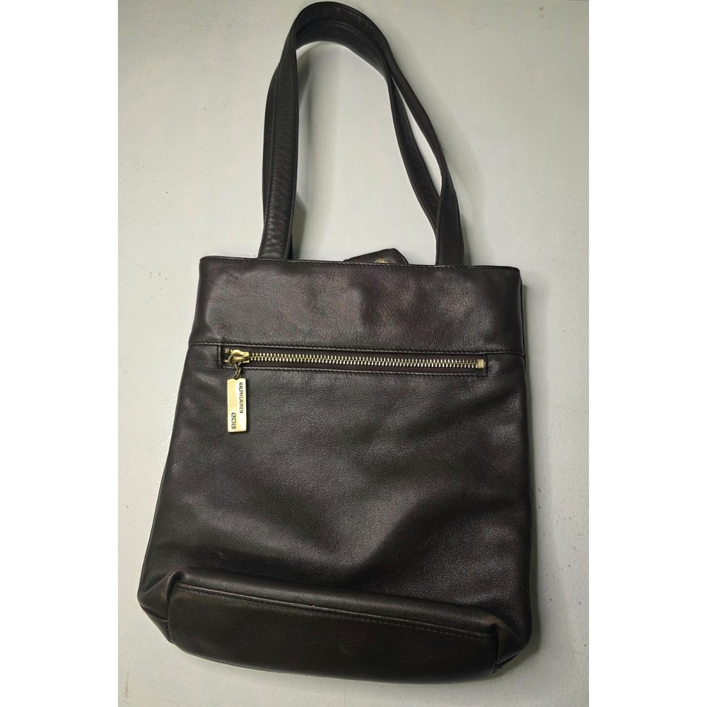 Ralph Lauren Brown Leather Tote Shoulder Bag Gold Hardware Zip Pocket